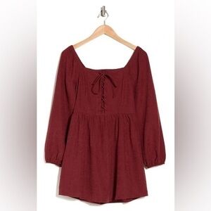 Burgundy Mini Sundress with Bishop Sleeves and Scoop Neck